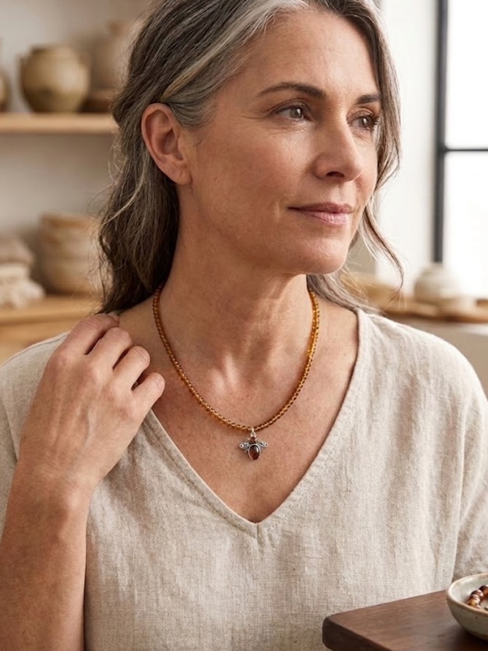 Sterling silver Natural Amber Bead Necklace and bee charm- Women Jewelry